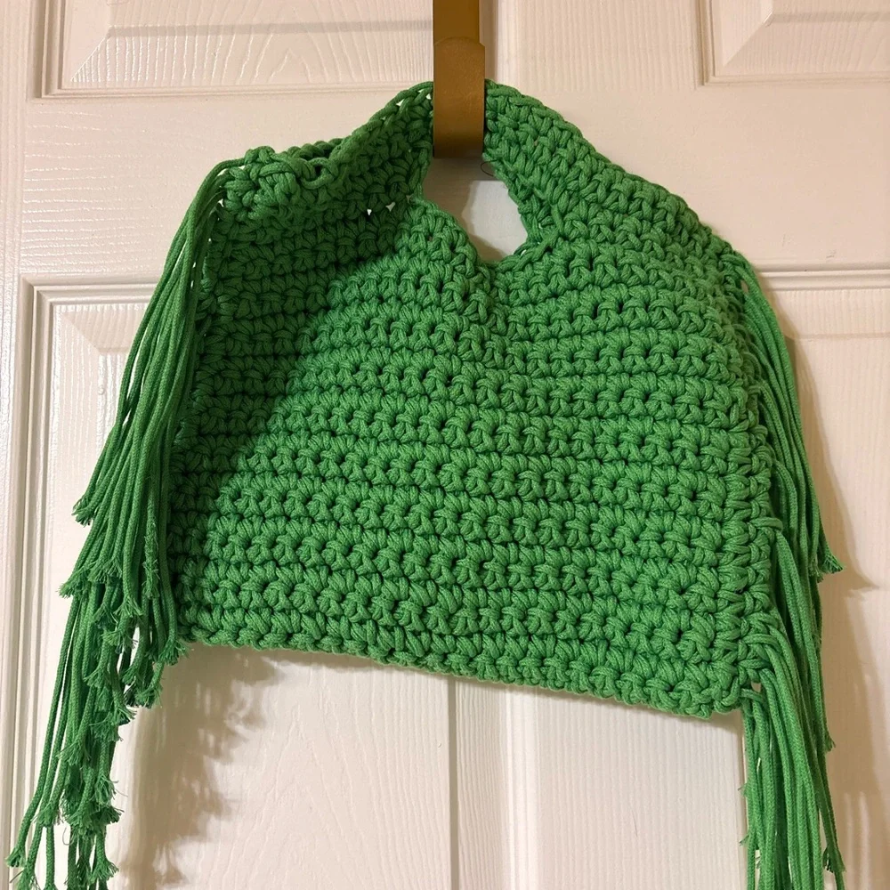 Handmade Green Crochet Kids Fringe Shoulder Bag beach